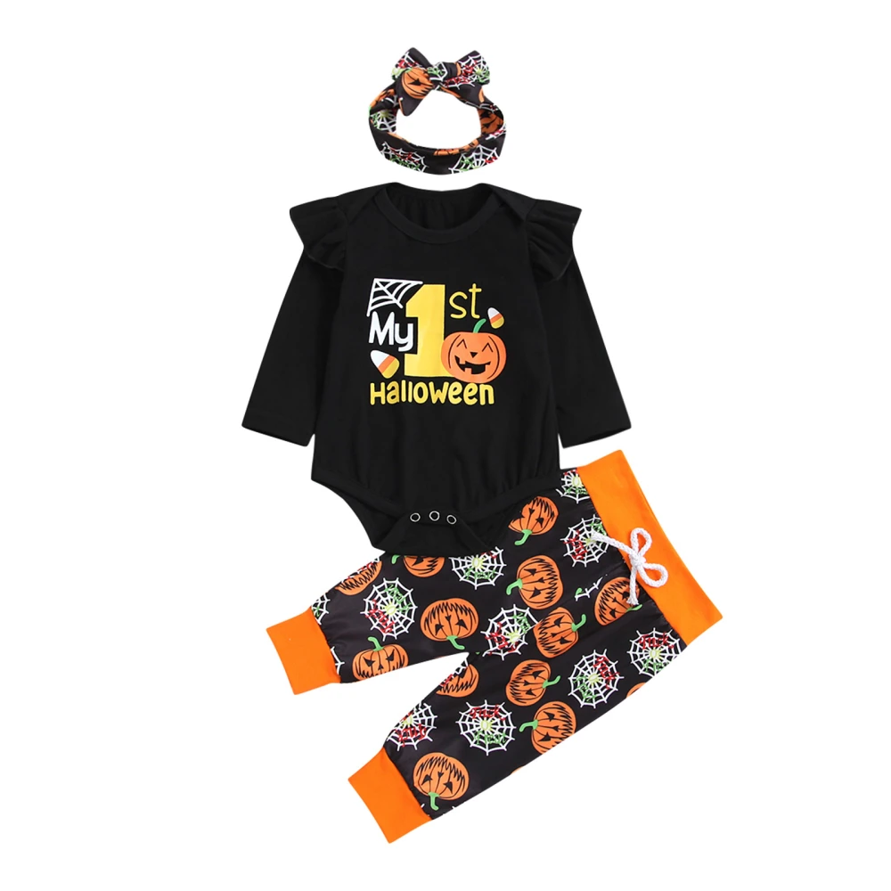 Baby Girls Halloween Clothes Set, Romper, Print Pants and Headdress