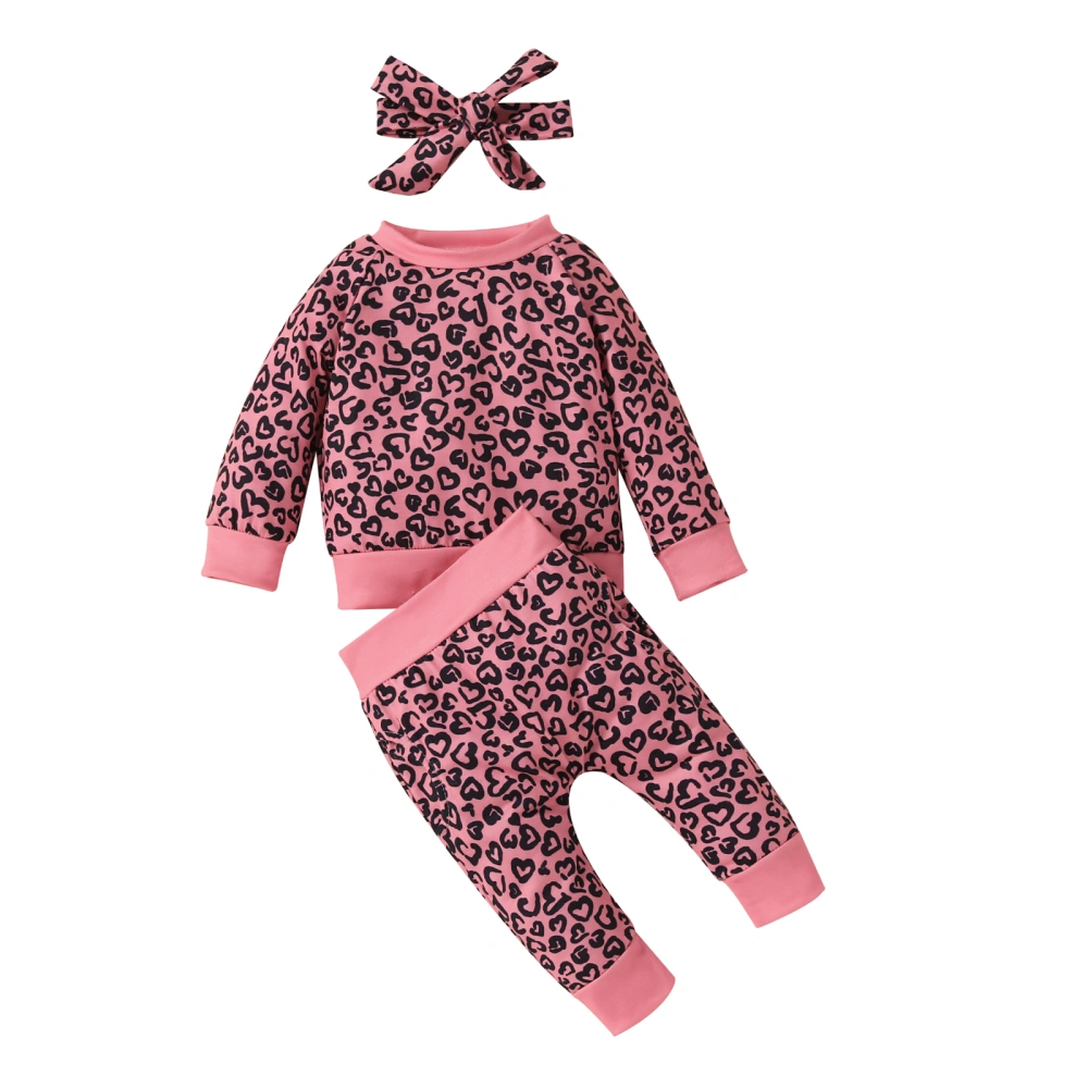 Leopard Print Long Sleeve Sweatshirt + Trousers + Bow Headband