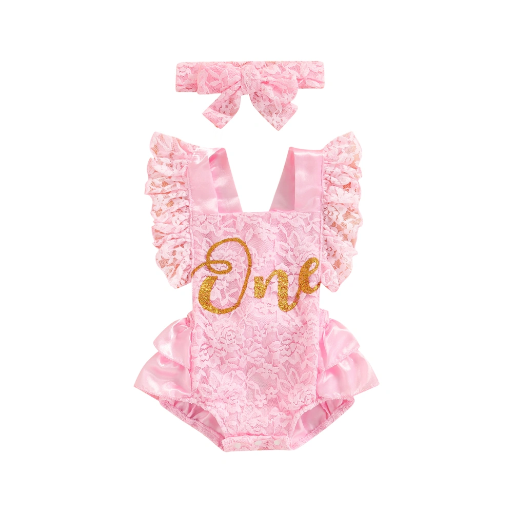 Infant Girls Romper, Letter Printed Lace Ruffled Patchwork Bodysuit