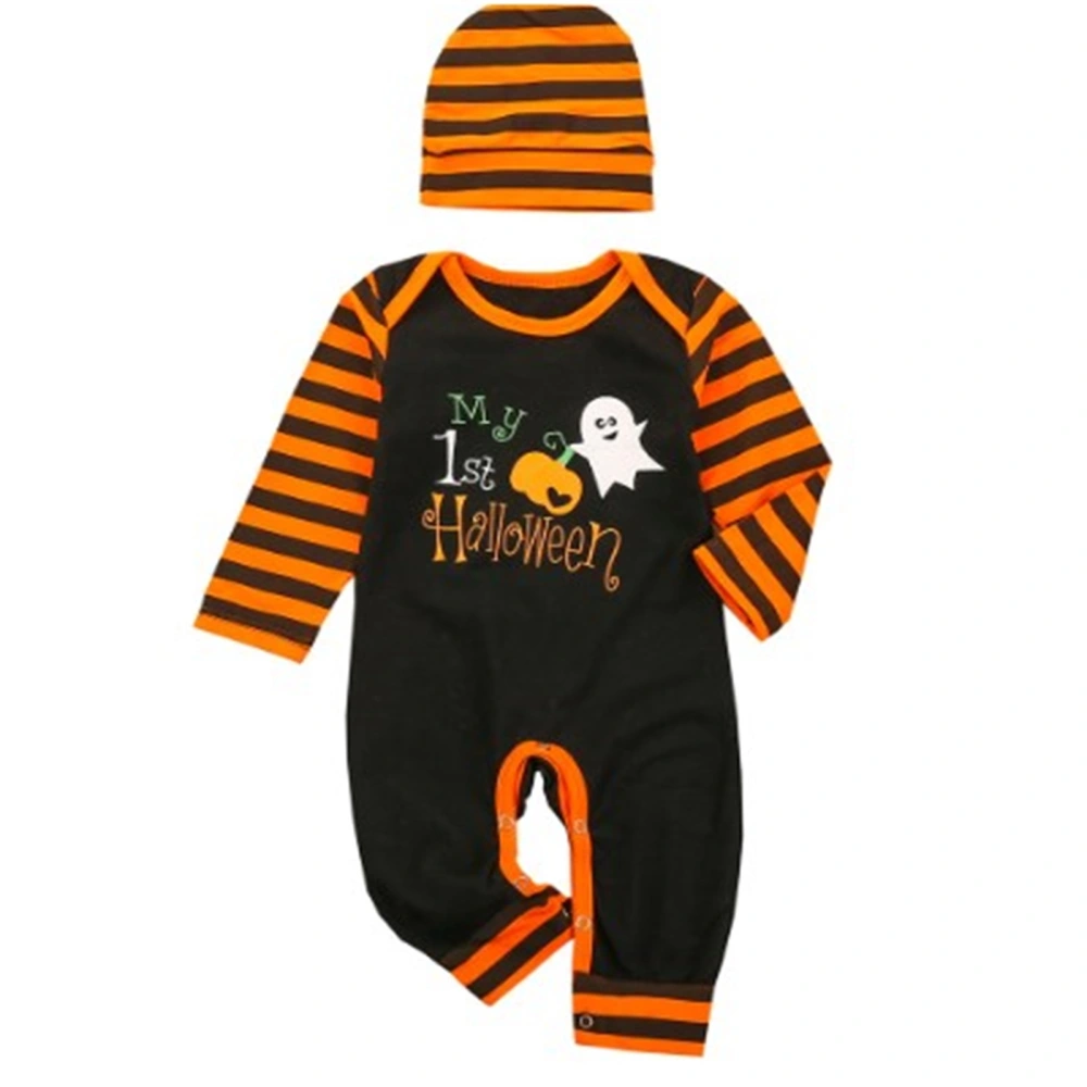 Baby Boy Halloween Clothes Pumpkin Print Long Sleeve Romper and Beanie