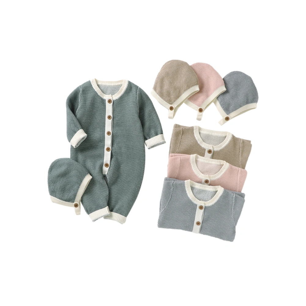 2Pcs Infant Baby Fall Outfits, Button Down Knit Jumpsuit with Hat