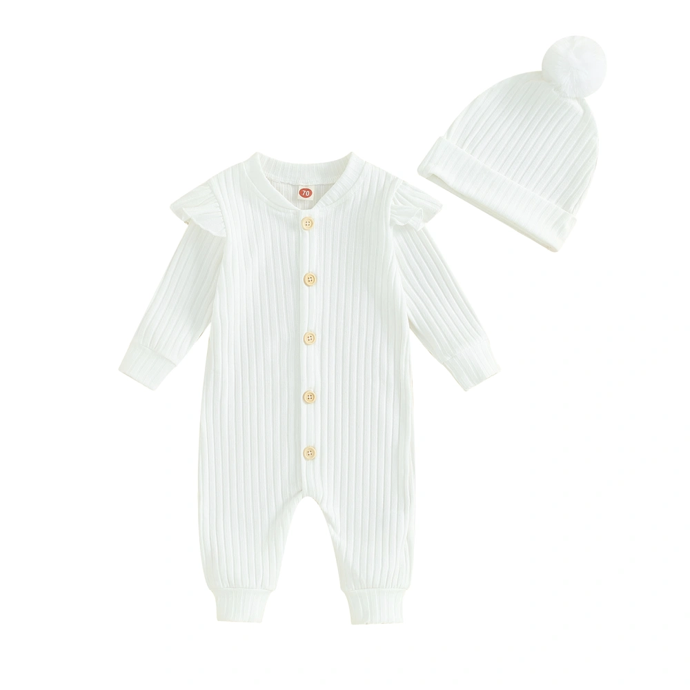 Baby Girls Long Sleeve Crewneck Ruffle Button Down Jumpsuit with Hat