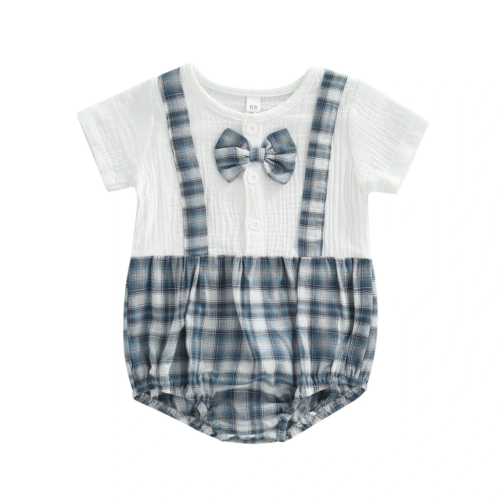 Infant Boy Short Sleeve Romper, O-Neck Patchwork Plaid Bodysuit