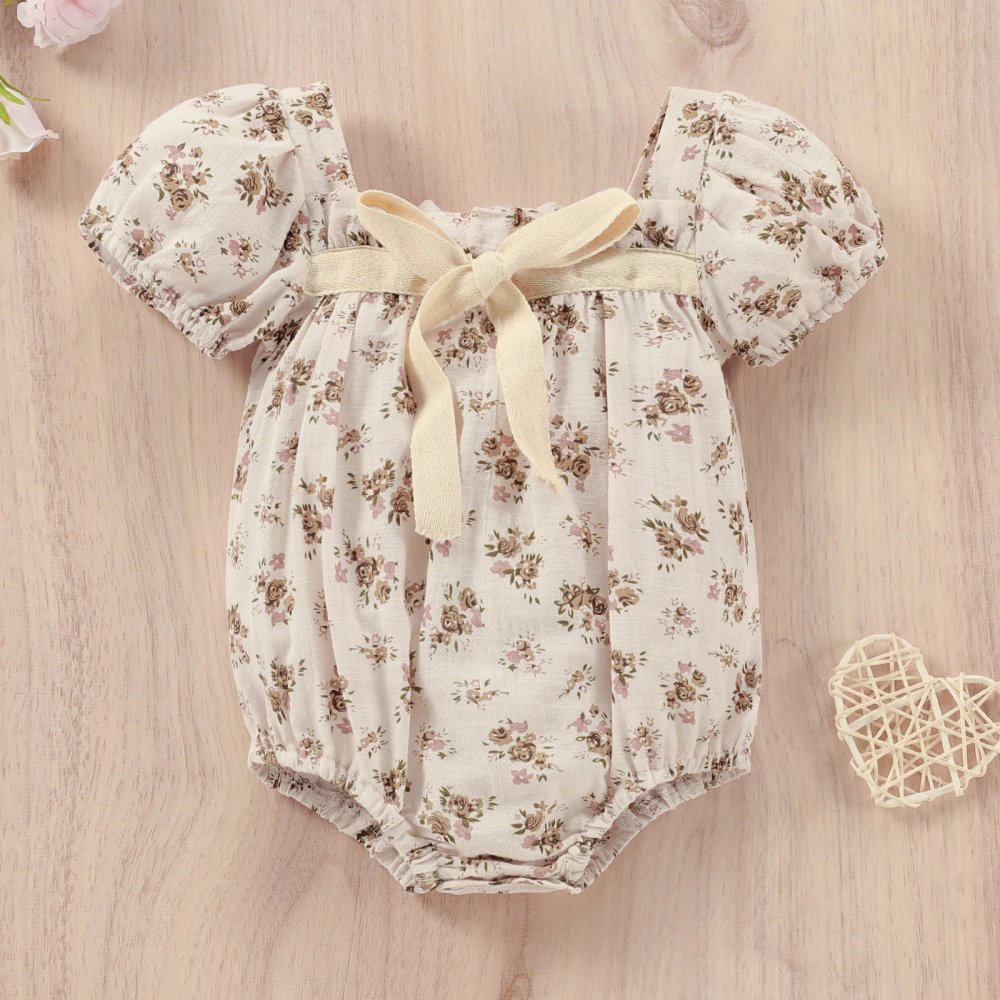 Flower Print Square Neck Short Sleeve Baby Romper/ Dress