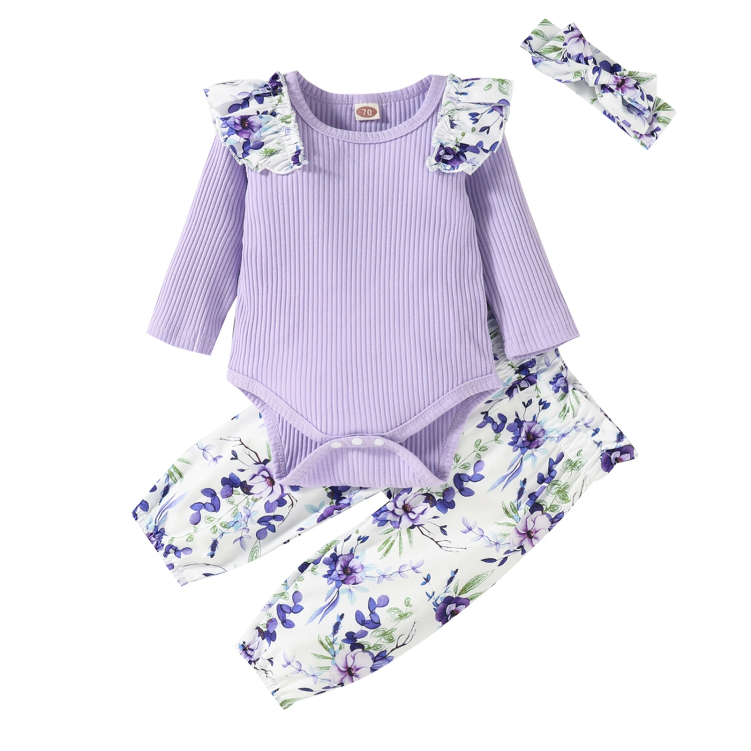 Baby Floral Print Clothes Set, Ribbed Romper+Trousers+Headband