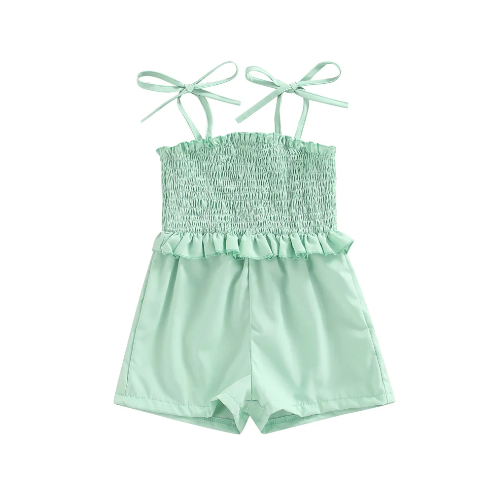 Little Girls Summer Jumpsuit, Plain Ribbed Ruching Ruffle Sling Romper