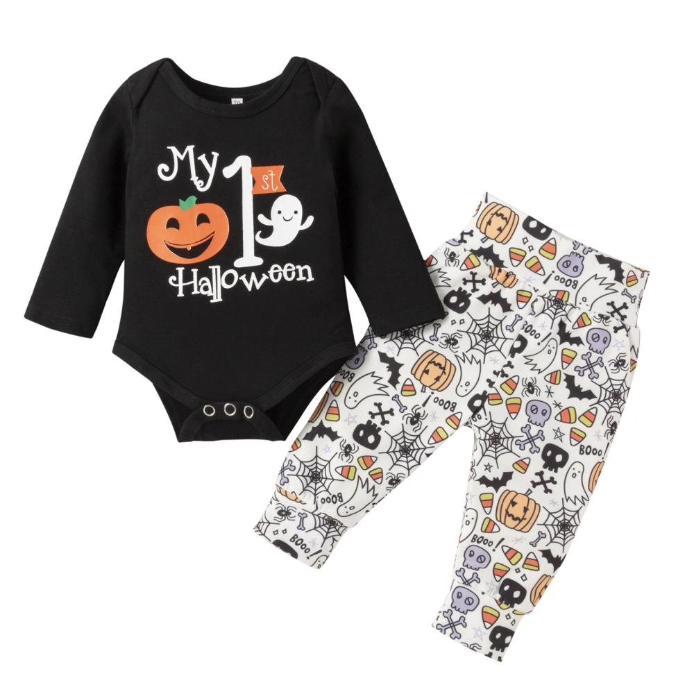 Halloween Pumpkin & Letter Print Long Sleeve Romper + Trousers