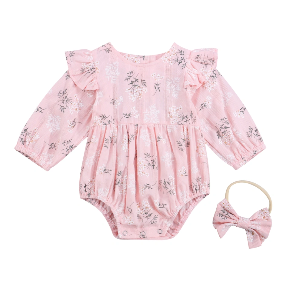 Baby Floral Print Clothes Set, Long Sleeve Romper with Ruffle+Headband