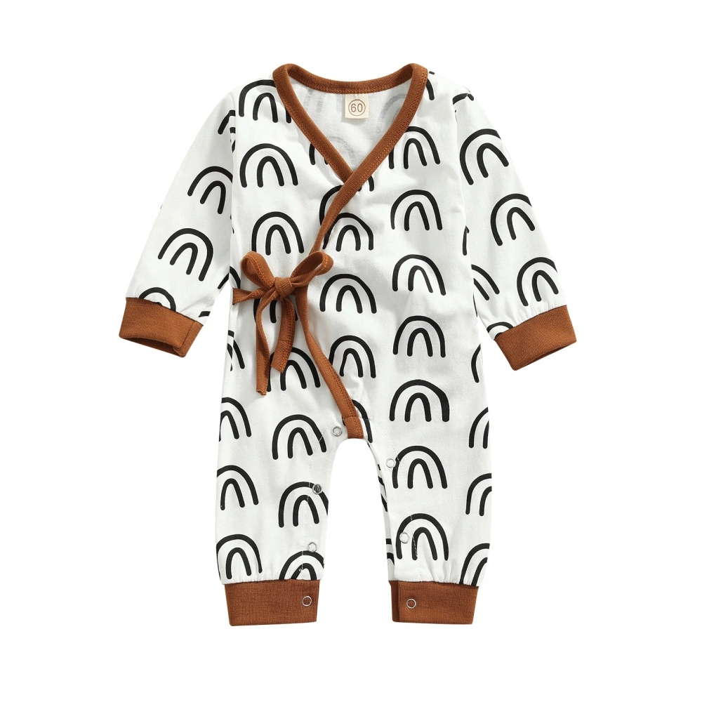 Baby’s Rainbow Print Tie-up V-neck/Round Neck Long Sleeve Jumpsuit