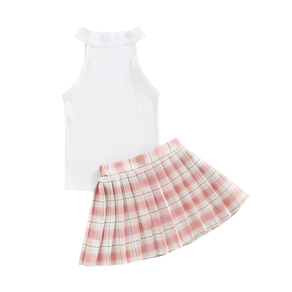 Kids Baby Girl Clothes Ribbed Tank Tops and Plaid Pleated Skirt Set 