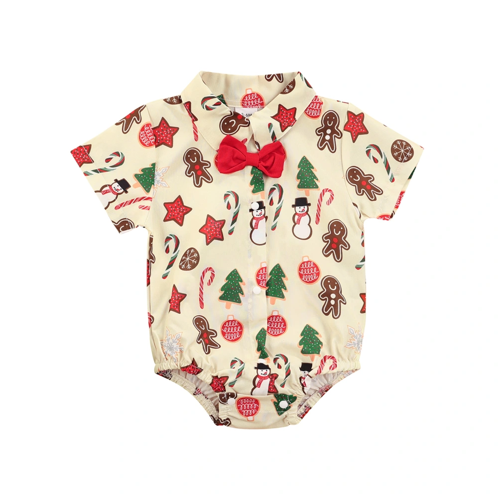 Christmas Snowman/Santa Claus Print Short Sleeve Lapel Bow Playsuit