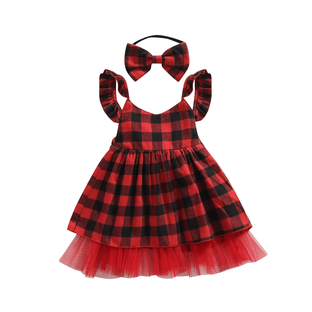 Girls Clothes Set, Plaid Printing Sleeveless Dress and Headdress