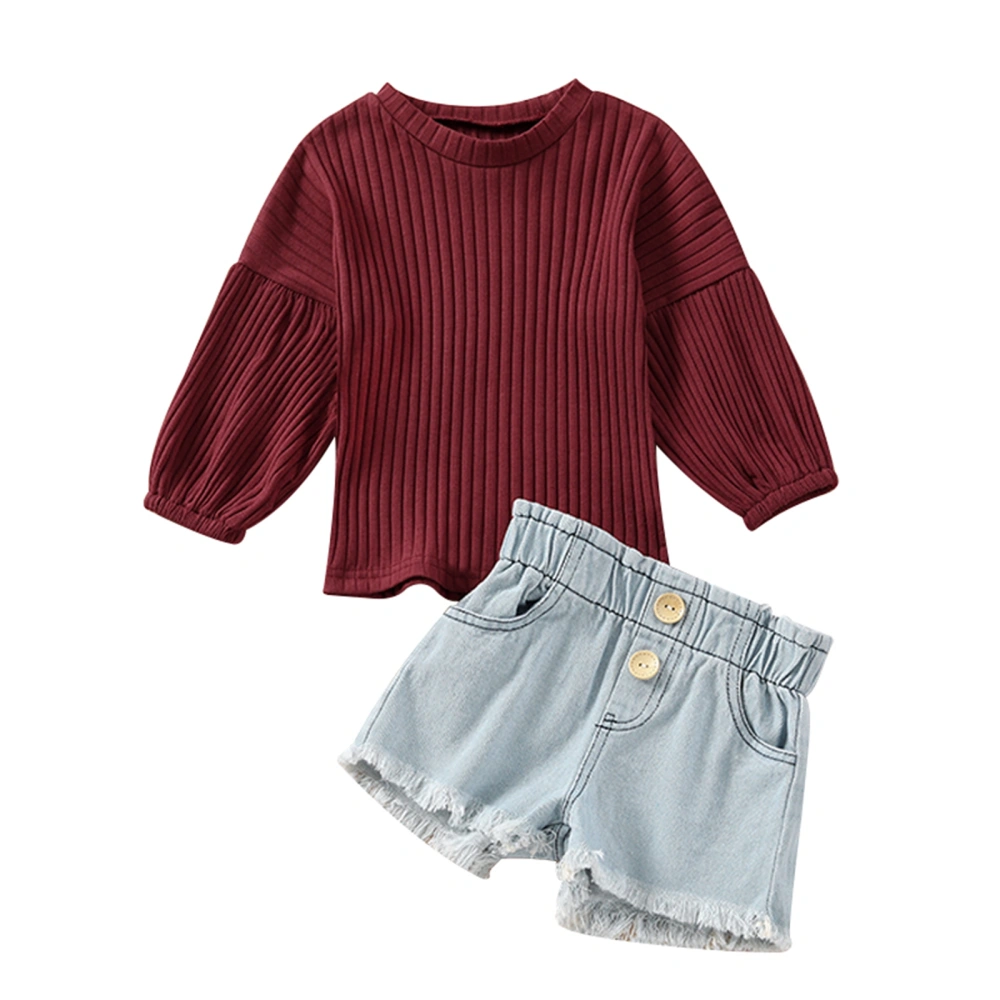 Kids Sweater Set, Long Sleeve Puff Cuff Tops Elastic Waist Shorts