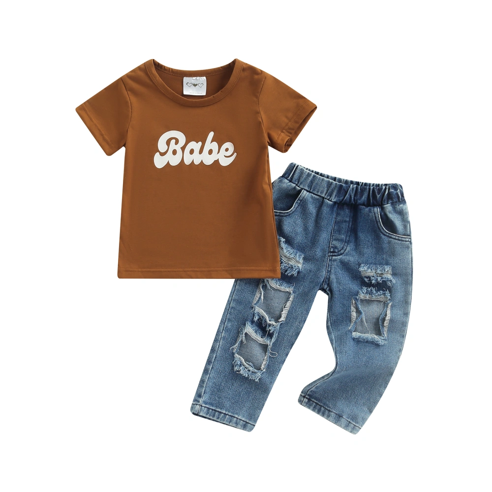 Kid Girl Long Jeans Suit, Short Sleeve T-Shirt + Ripped Hole Pants Set