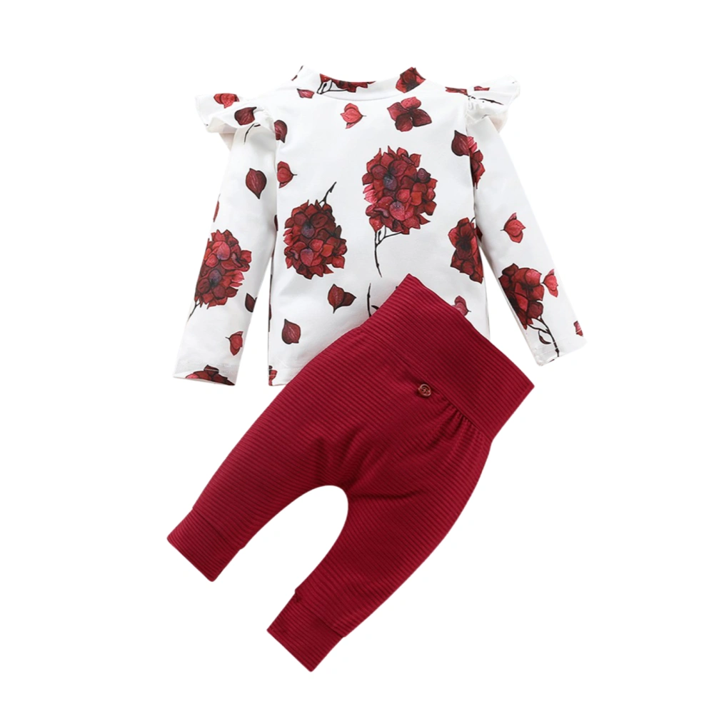 Baby Long-sleeved T-shirt + Trousers, Flower Print Ruffle Decoration 