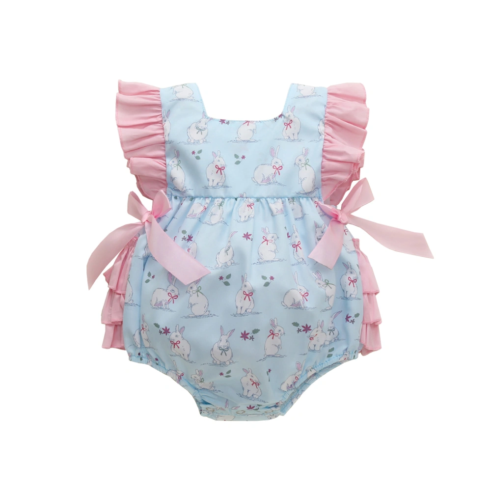 Ruffled Rabbit Print Fly Sleeve Square Collar Bodysuit with Bows