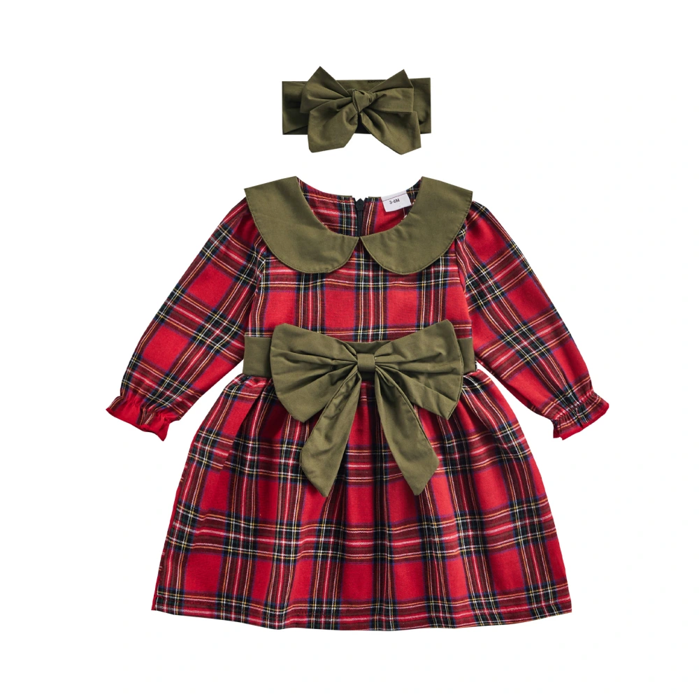 Little Girl’s Plaid Bow Doll Collar Long Sleeve Dress with Headband