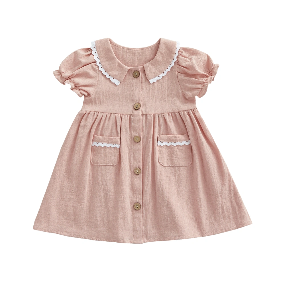 Baby Girl Doll Collar Dress, Short Sleeve Button Closure A-Line Dress 