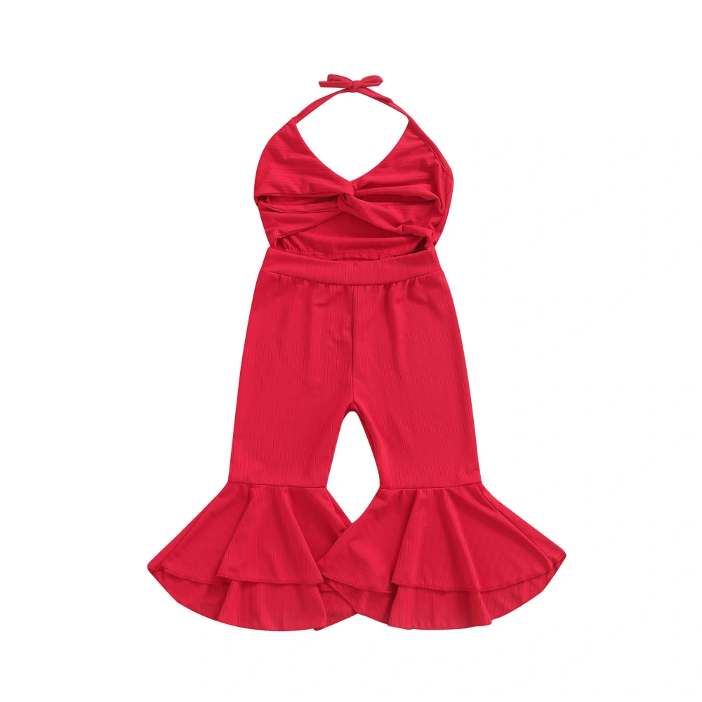 Girls Casual Summer Jumpsuit, Red Solid Color V-neck Backless Overalls