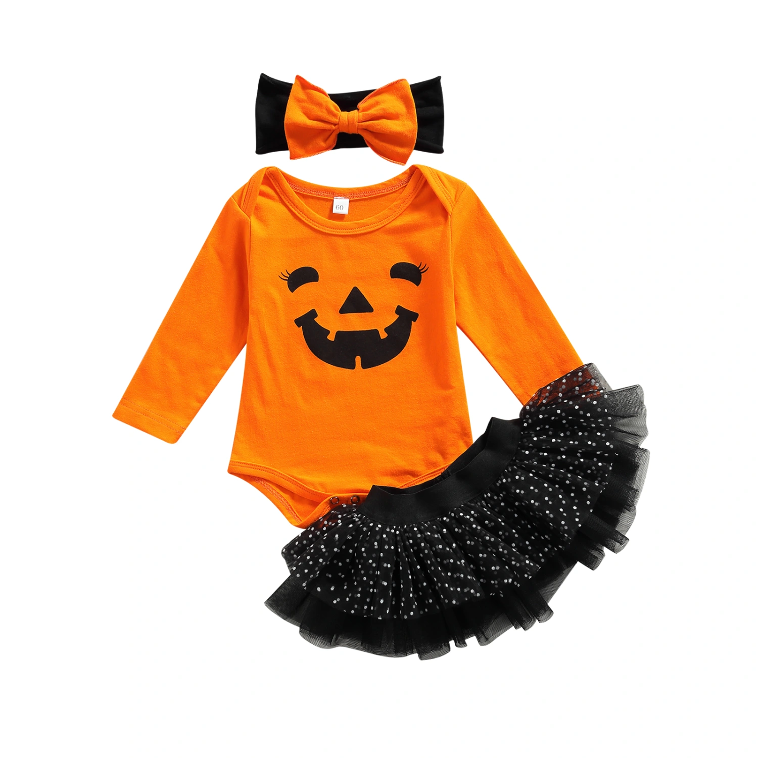 3PCS Baby Halloween Outfits, Pumpkin Romper + Tutu Skirt + Headband
