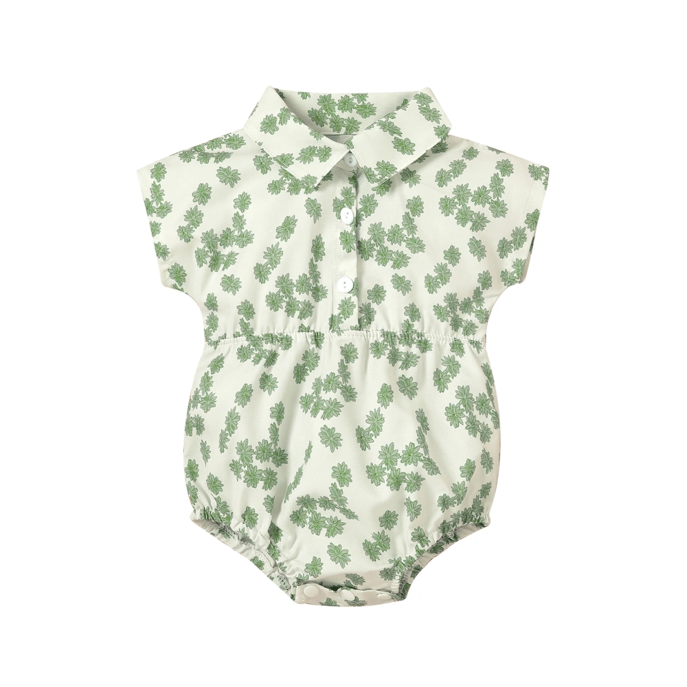 Baby Girls Romper, Leaves Printed Midi Sleeve Folded Collar One-Piece