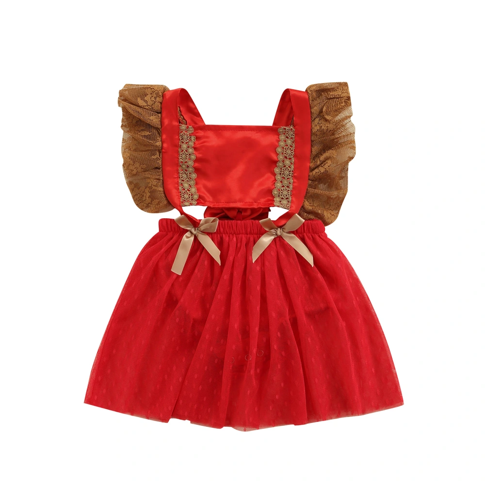 Color Block Playsuit, Fly Sleeve Square Collar Bow Lace Romper