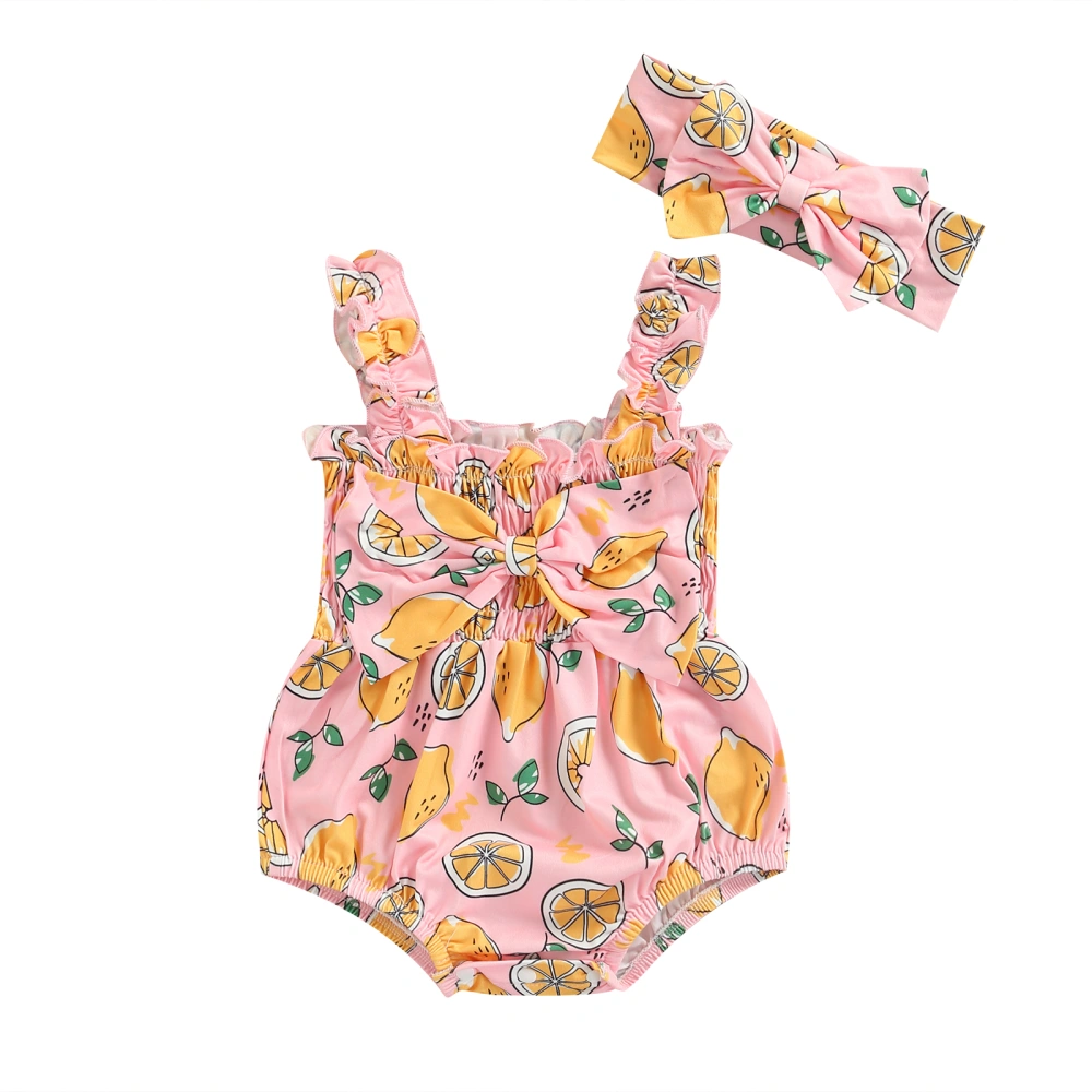 Baby Girl Romper Set, Square Neck Lemon Bow Knot Romper Headband