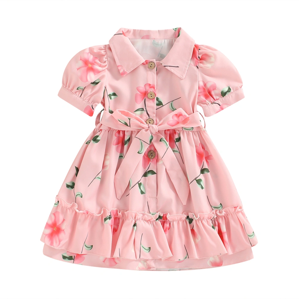 Girl Floral Dress, Short Sleeve Lapel Neck Ruffle Hem Princess Skirt