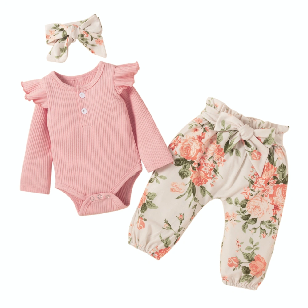 Baby Girls 3Pcs Fall Outfits, Ruffle Romper + Floral Pants + Headband