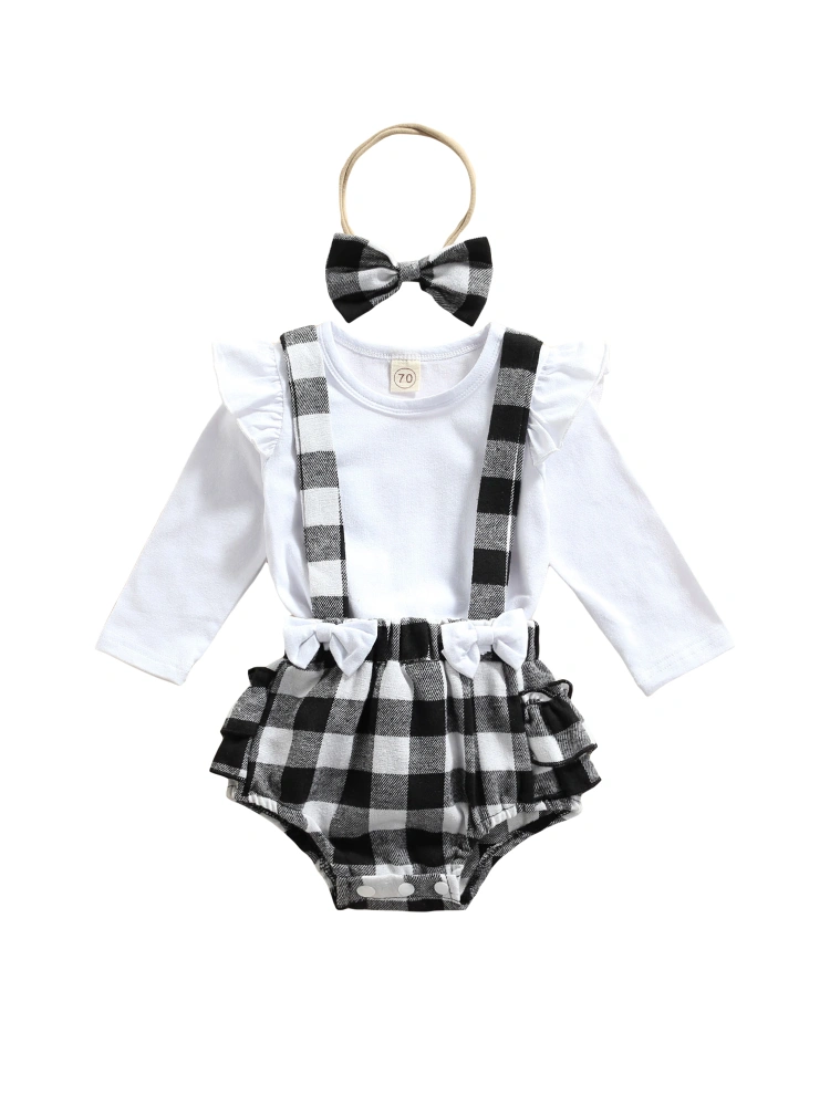 Infant Long Sleeve Romper + Suspenders Shorts + Bow Headband, Plaid