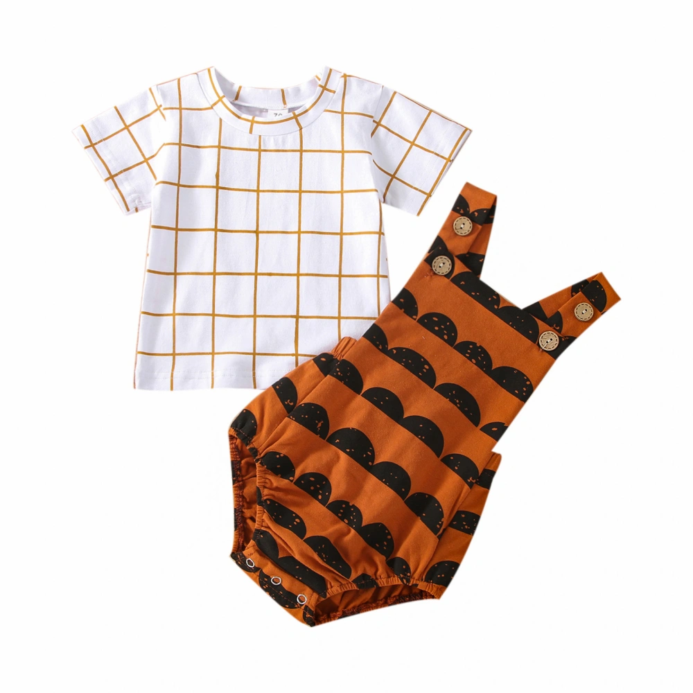 Baby’s Plaid Short Sleeve Tops and Printing Button Romper Set