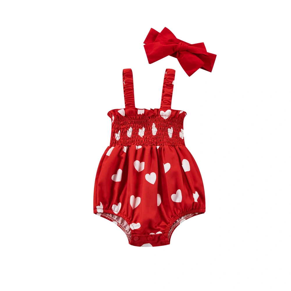 Baby Girls Romper Outfit, Heart Printing Suspender Jumpsuit, Headwear 