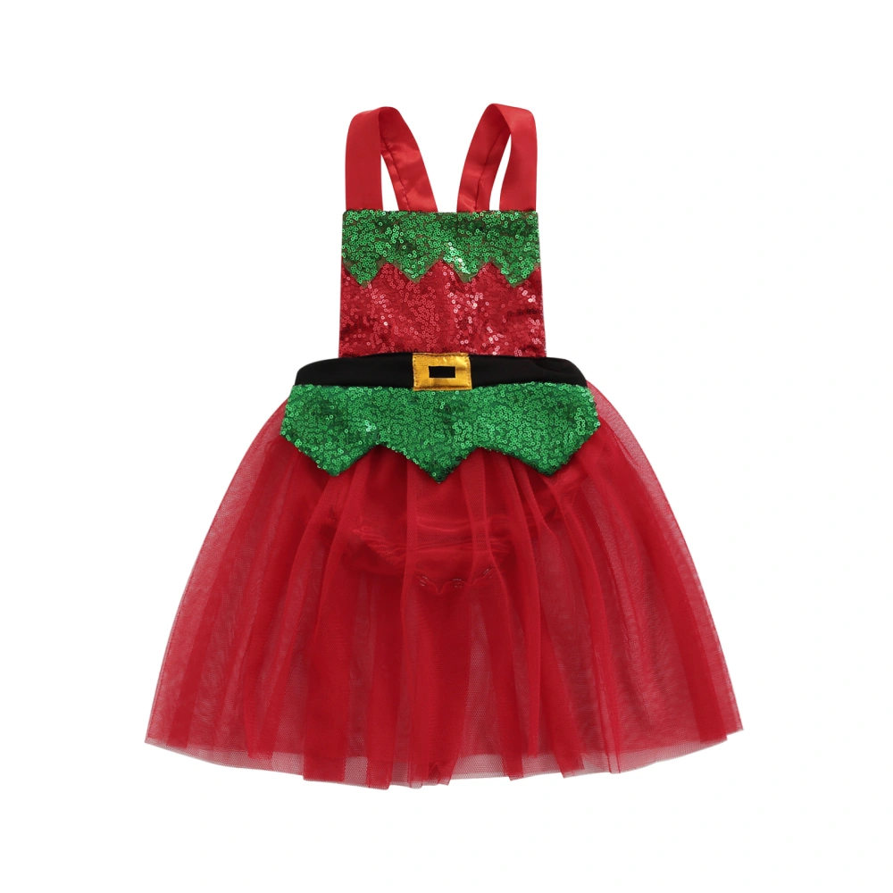 Baby Girl’s Christmas Sequin Mesh Yarn Hem Bandage Suspender Romper