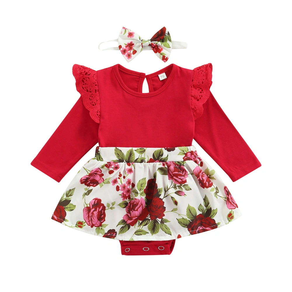 Baby A-Lined Romper Round Neck Rose Floral Tops Headband Suit