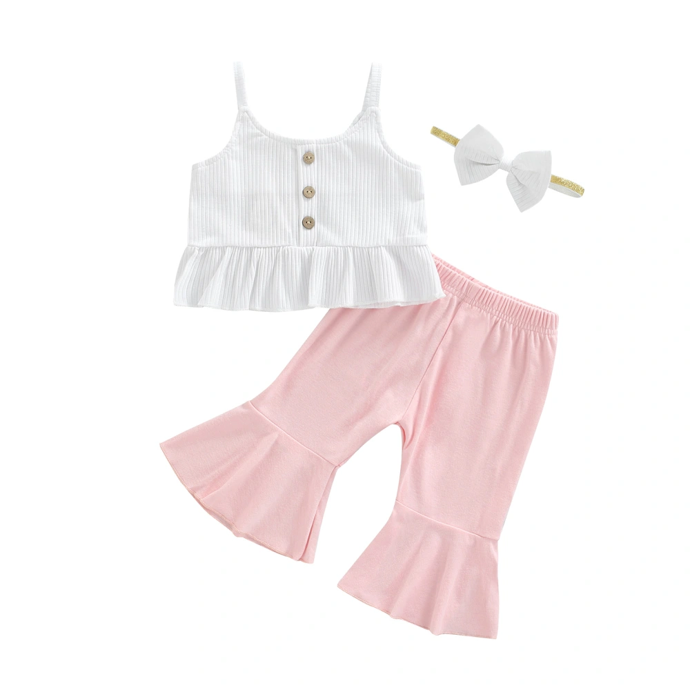 Baby Girl Solid Knit Button Vest + Flare Long Pants + Bow Headband