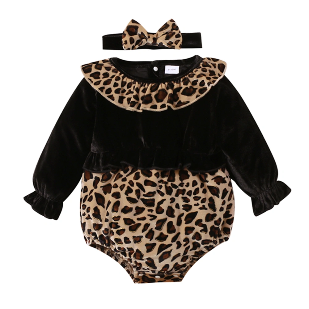 Romper For Baby Girl, Long Sleeve Leopard Print Romper with Headband