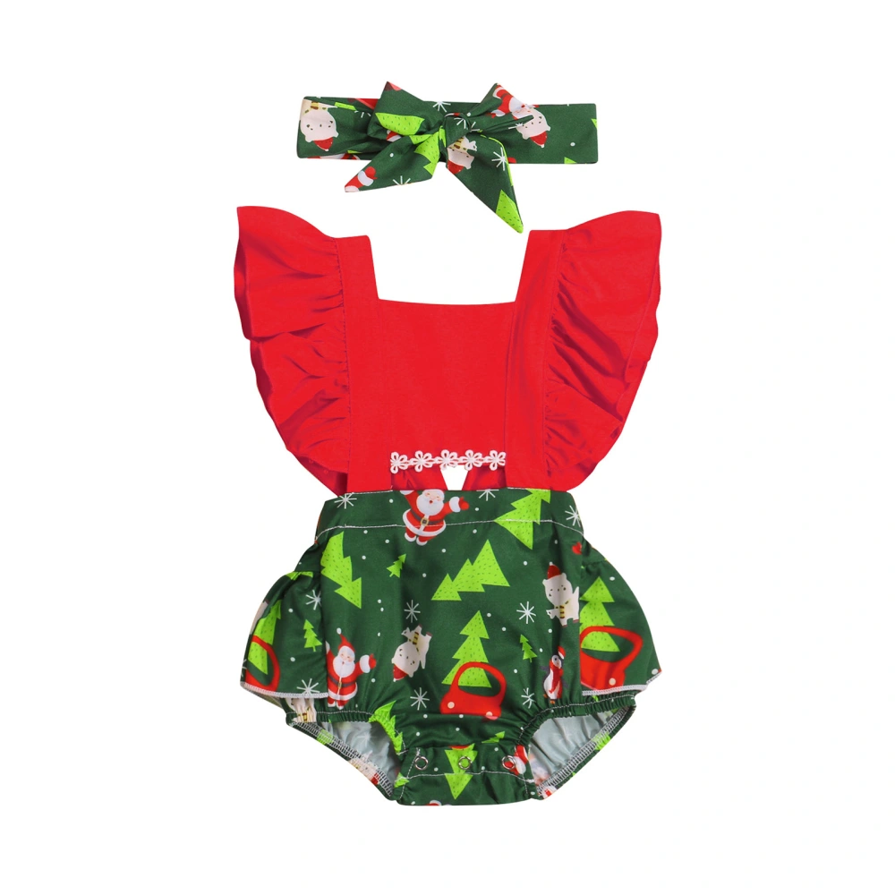 Santa Claus Print Square Neck Fly Sleeve Baby Romper with Hairband