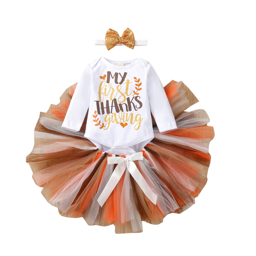 Thanksgiving Day Baby Girls Outfit, Long Sleeve Romper, Mesh Skirt