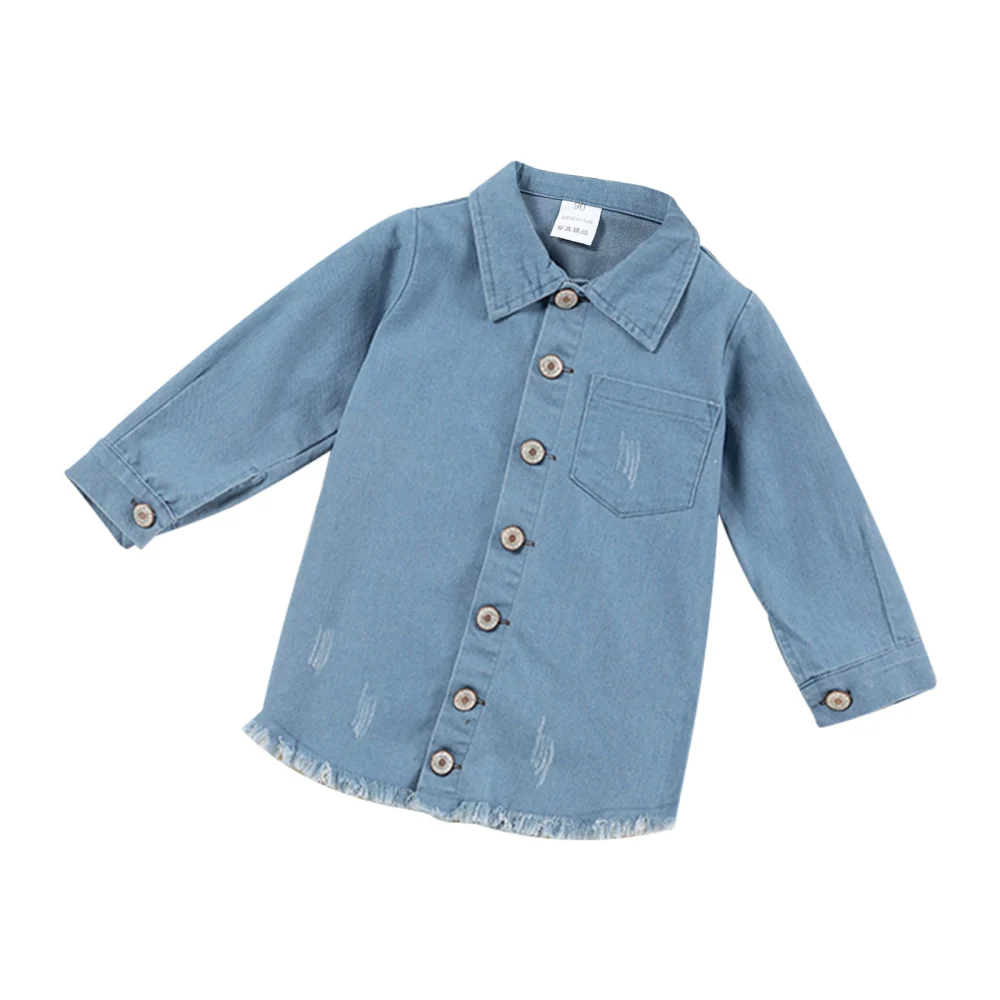 Kid Girl Coat Long Sleeve Denim Long Cardigan Lapel Buttons Dress