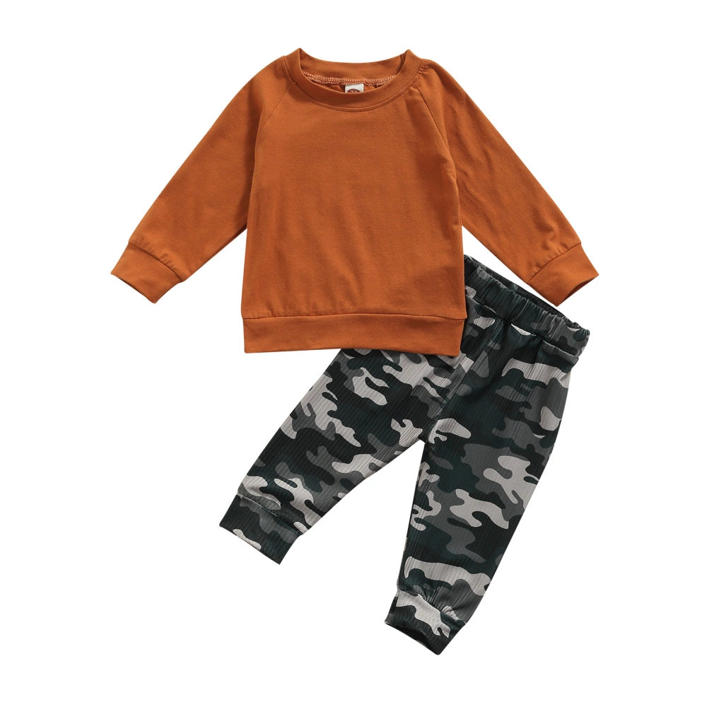 Baby Boy 2Pcs Fall Outfits, Solid Color Tops and Camouflage Pants