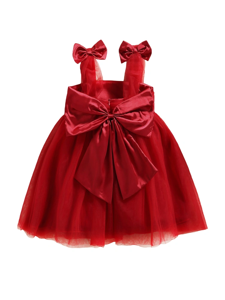 Summer Tulle Dress, Solid Color Boat Neck One-piece with Bowknot