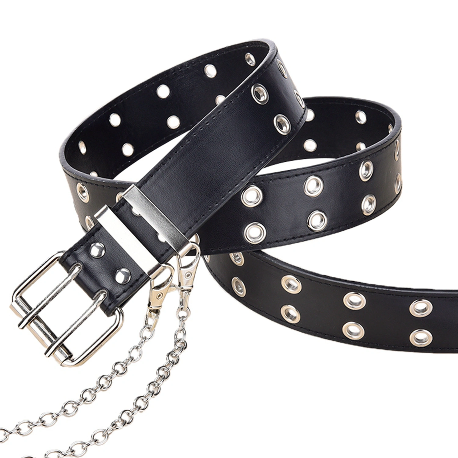 Women's Single Double or Rivet Grommet Punk Waist Belt with Chain Detachable