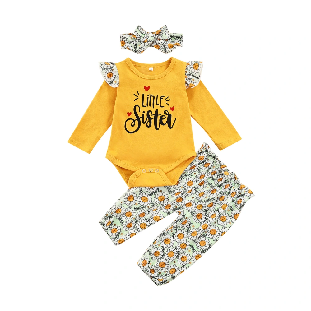 Girl’s Letter Long Sleeve Romper and Sunflower Pants with Headband