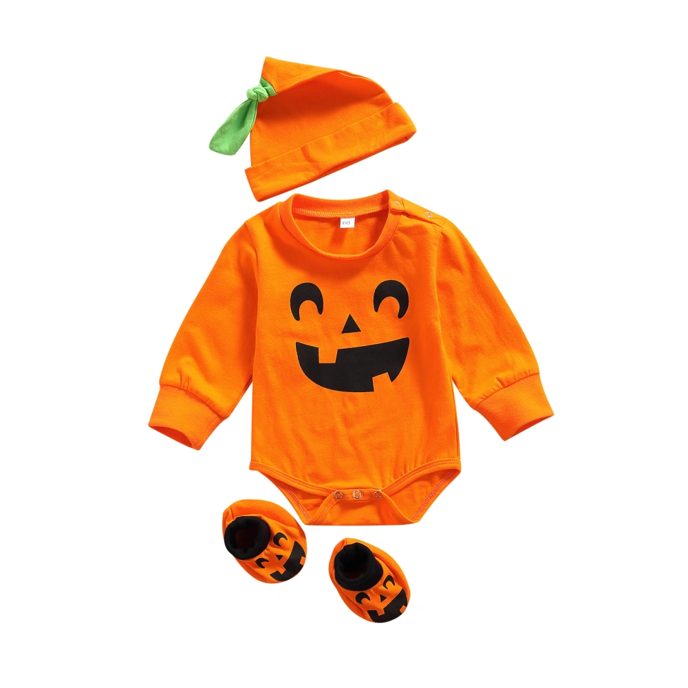 Newborn Halloween Romper + Hat + Sleeves, Pumpkin Print Clothing