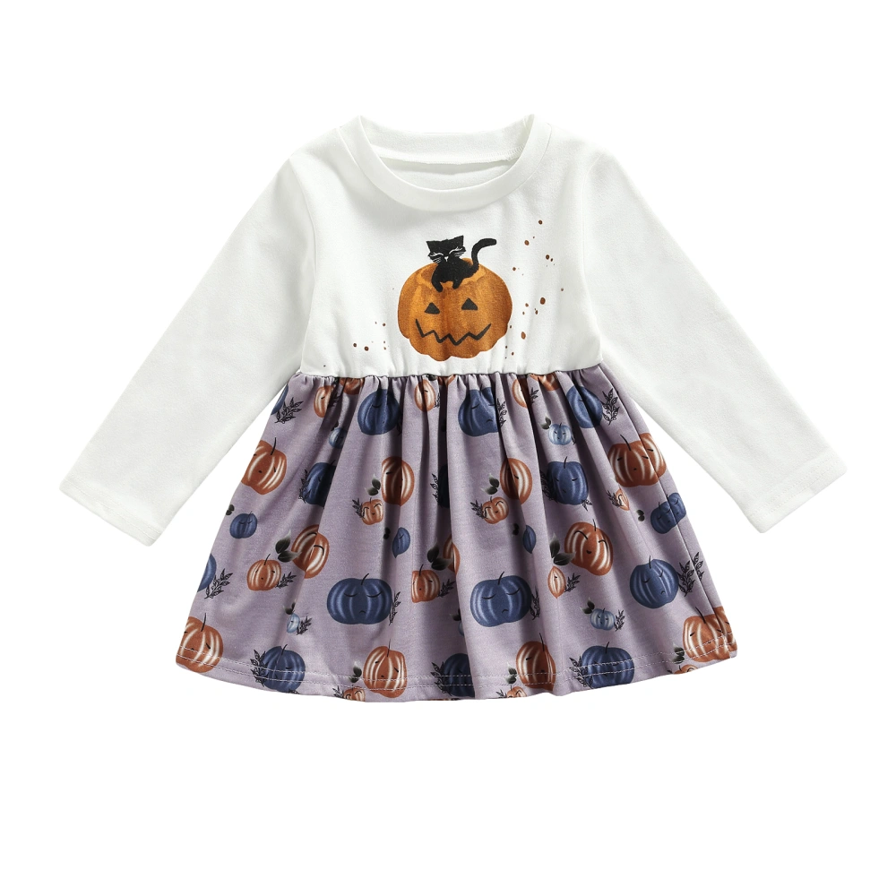 Kids Dress, Halloween Pumpkin Print O-Neck Long Sleeve One-Piece