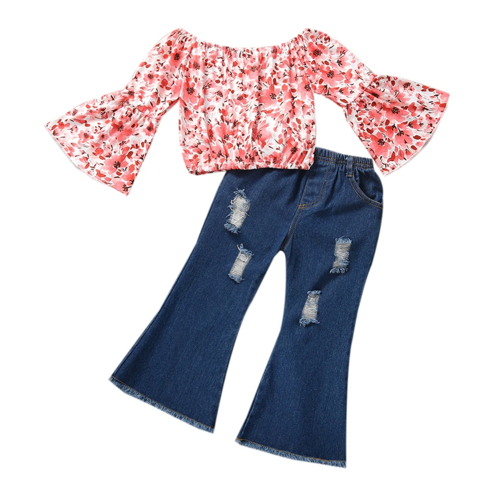 Girl’s Floral Trumpet Sleeve T-shirt and Ripped Denim Pants Set