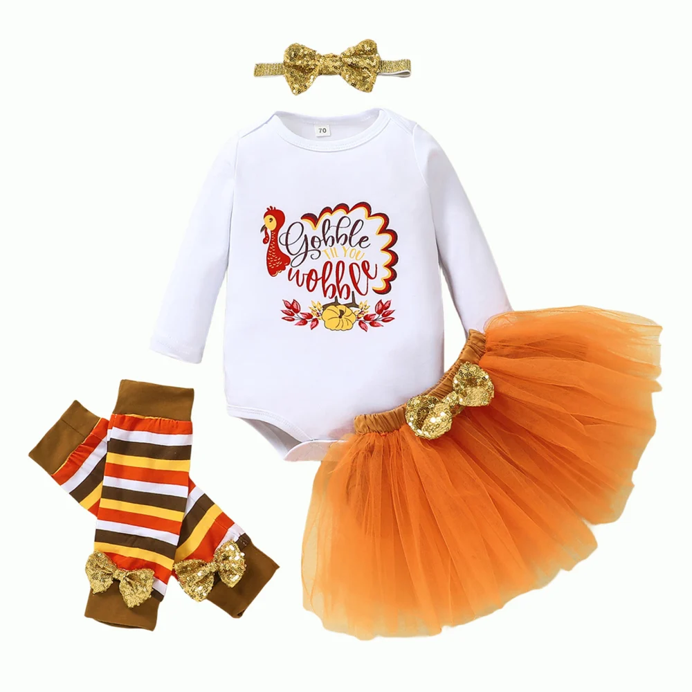 Baby Girls Thanksgiving Clothes Romper and Tulle Skirt Headband Socks