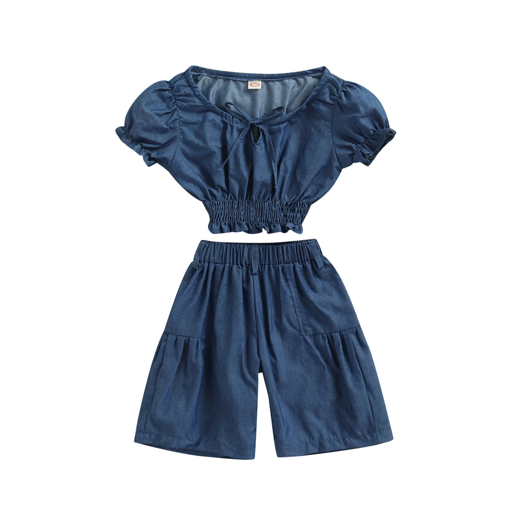 Girls Casual Suit, Short Sleeve Solid Tops+High Waist 3/4 Pants