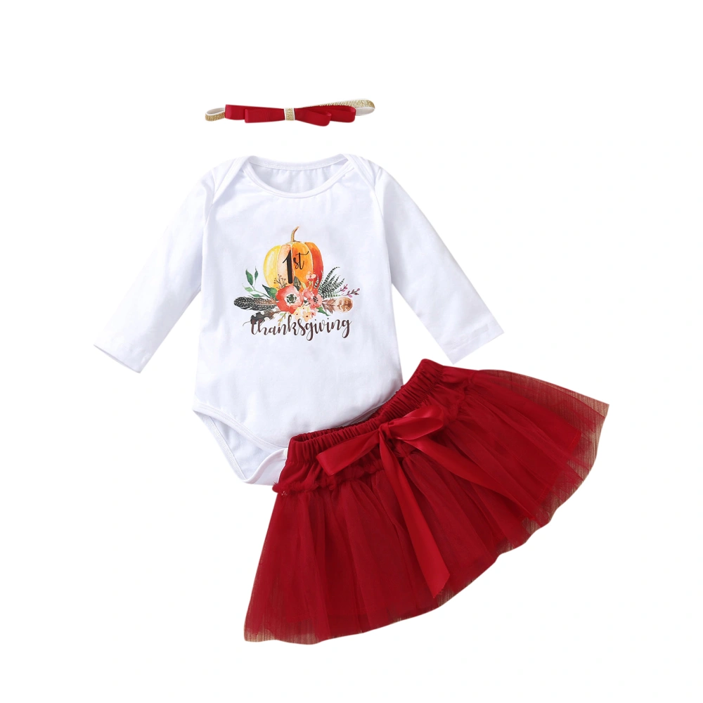 Thanksgiving Day Letter & Pumpkin Print Playsuit + Skirt + Headband