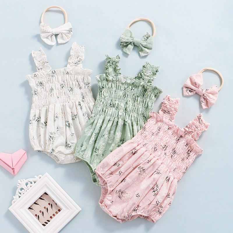 Baby Girl's Sleeveless Jumpsuit Floral Elastic Bust Romper Headband